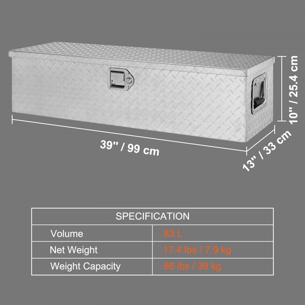 VEVOR 990 x 330 x 254 mm gereedschapskist voor laadbak, afsluitbaar 83 L gereedschapskist, opbergruimte, gereedschapskist, laadvermogen 39 kg, gereedschapskistorganizer voor campers, auto's, enz.