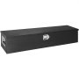 black VEVOR truck bed tool box with diamond plate finish, lockable latch, and side handles.
