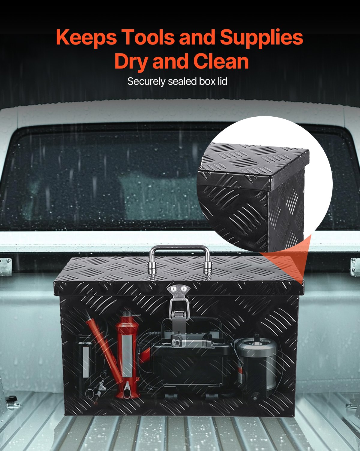 VEVOR Heavy-Duty aluminium gereedschapskist voor op de laadbak van een vrachtwagen, gestreepte gereedschapskist (406 x 190 x 254 mm) met zij- en bovenhandgreep, opbergorganizer voor aanhanger, camper, zwart