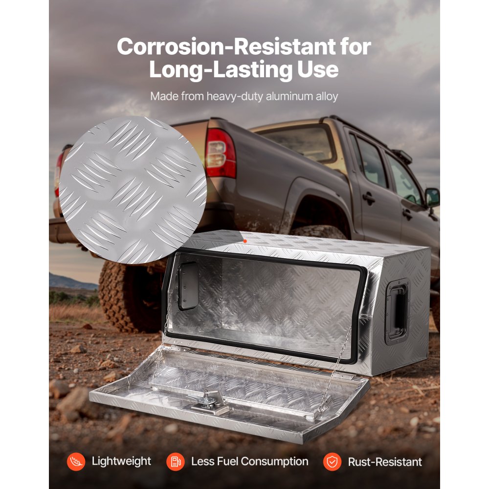 VEVOR Aluminium gereedschapskist voor in de laadbak van een vrachtwagen, gestreepte gereedschapskist (762 x 330,2 x 330,2 mm) met zijhandgreep en T-Lock-sleutel, opbergorganizer voor aanhangwagens, zilver