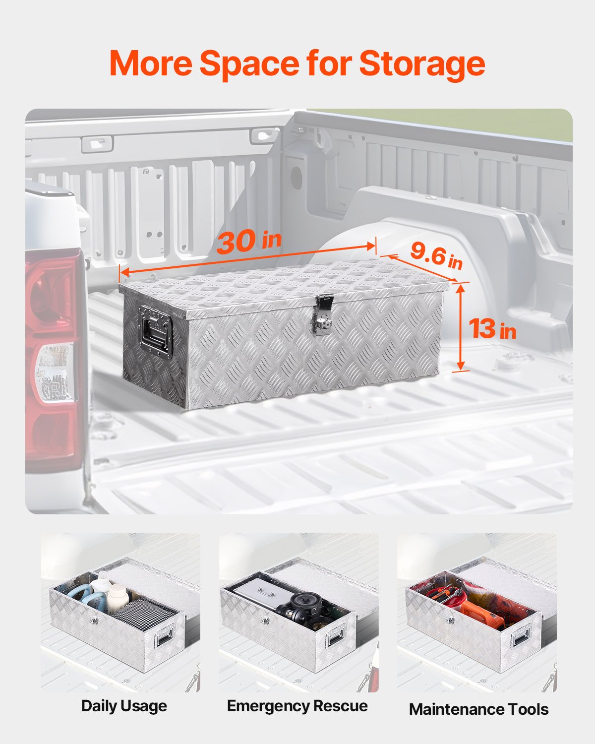 VEVOR Aluminium gereedschapskist voor op de laadbak van een vrachtwagen met zijhandgreep en afsluitbare sleutels, opbergkist voor aanhangwagens, pick-ups en campers (762 x 330,2 x 243,84 mm) Zilver