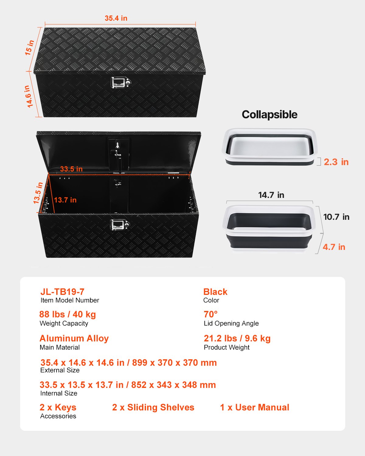 VEVOR Heavy Duty Aluminum Truck Bed Tool Box, Stripes Plated Tool Box with Sliding Shelf, Side Handle, Lock & Keys, Storage Toolbox Chest for Trailer, Pickup, 35.4"x14.6"x14.6"(899x370x370mm), Black