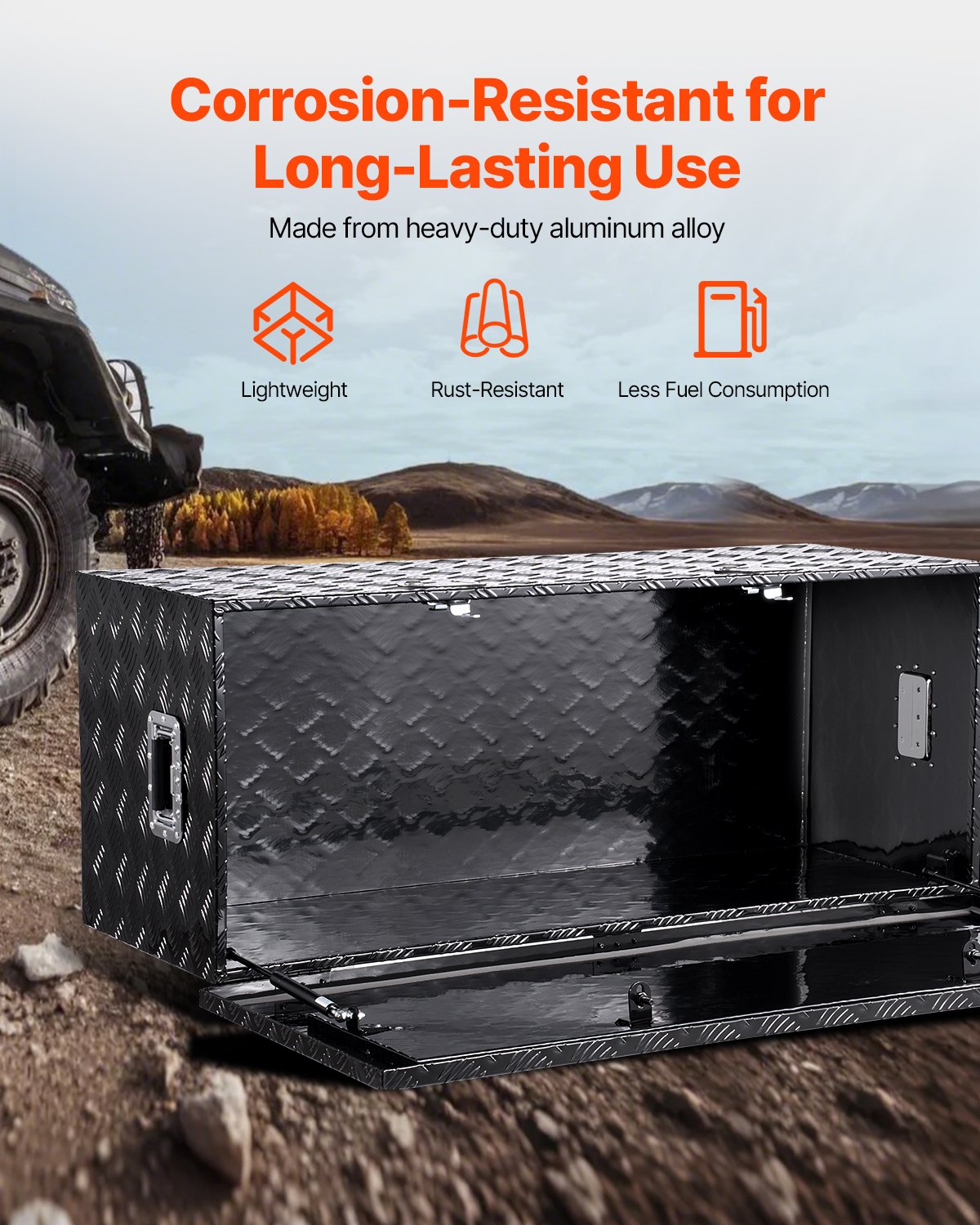 VEVOR Aluminium gereedschapskist voor op de laadbak van een vrachtwagen met zijhandgreep en afsluitbare sleutels, opbergkist voor aanhangwagen, pick-up, camper (1219,2 x 495,3 x 444,5 mm) Zwart