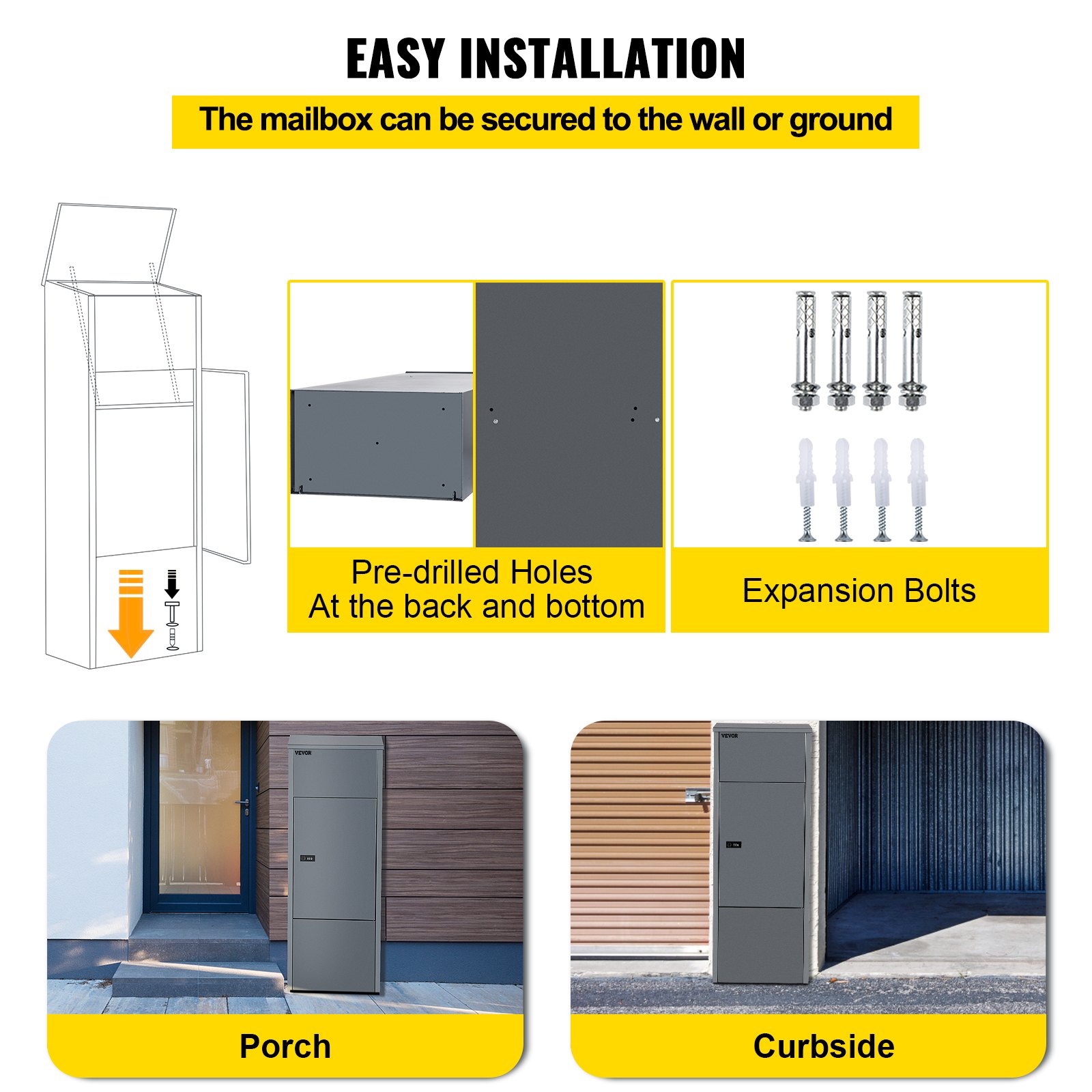 VEVOR Pakket Drop Box Grijs Pakketbrievenbus 38 x 23 x 105 cm Pakketbox Gemaakt van Gegalvaniseerd Staal met Sabotagebestendig Ontwerp en een Set Spreidbouten Geschikt voor de Meeste Grote Pakketten