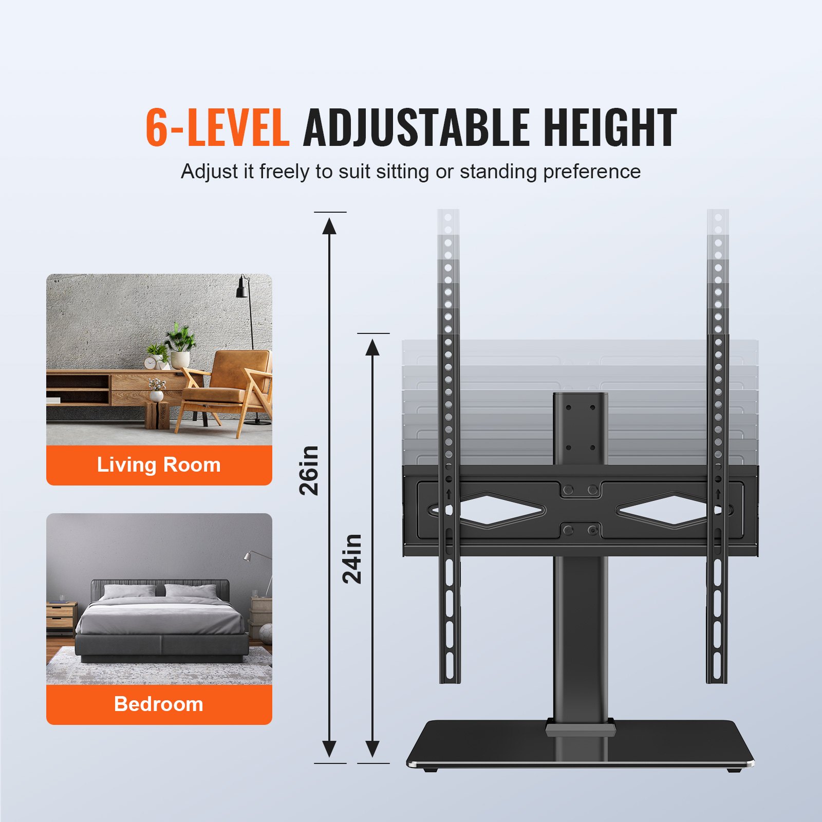 VEVOR TV-standaard met wielen Universeel 615-670 mm Hoogteverstelbaar, 75 x 75 mm, 400 x 400 mm Draagvermogen van 41 kg Vloerstandaardbasis Mobiele kar TV-standaard, stabiele beugel TV-tafel
