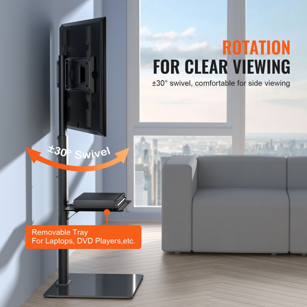 VEVOR TV-standaardbevestiging, draaibare tv-standaard voor 32-65 inch tv's, in hoogte verstelbare draagbare vloerstandaard met gehard glazen voet voor slaapkamer woonkamer zwart