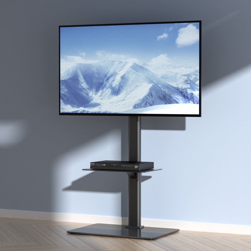 VEVOR TV-standaardbevestiging, draaibare tv-standaard voor 32-65 inch tv's, in hoogte verstelbare draagbare vloerstandaard met gehard glazen voet voor slaapkamer woonkamer zwart