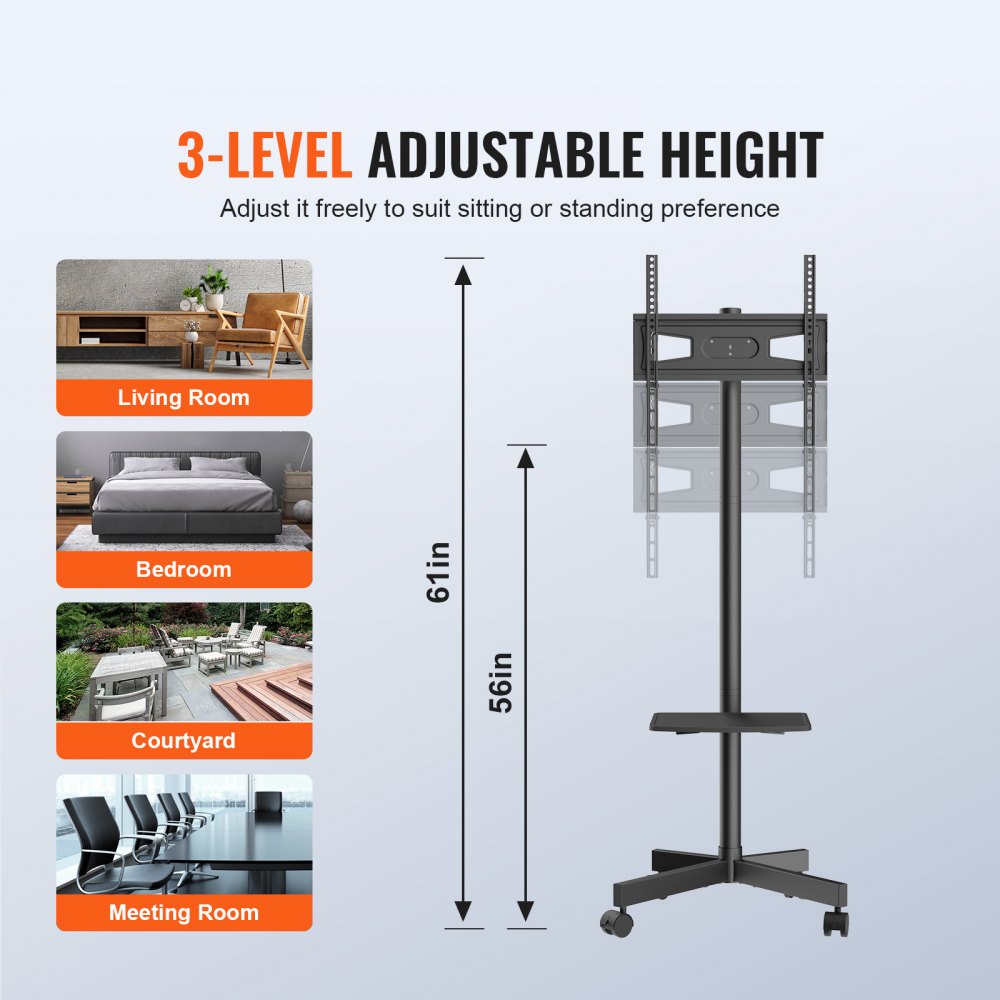 VEVOR tv-standaard met wielen, universeel, in hoogte verstelbaar van 1430–1538 mm, 100 x 100 mm / 400 x 400 mm, 39,9 kg, robuuste vloerstandaard, geschikt voor televisies van 58,42–152,4 cm, tv-beugel