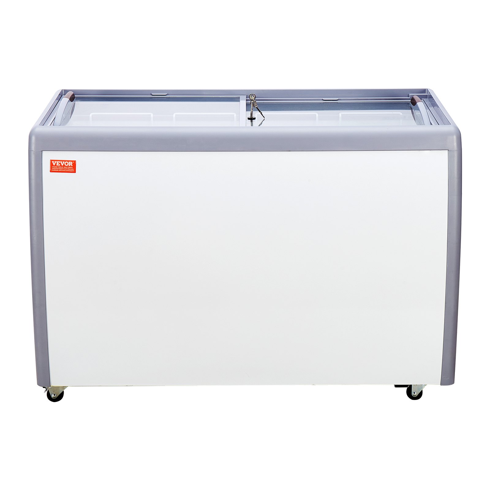 VEVOR Commerciële ijsvitrine, 370L vrieskist, mobiele vriezer met glazen schap, ijskoelkast voor restaurants met 8 grote containers, 2 schuifdeuren van glas, vergrendelbare wielen, wit