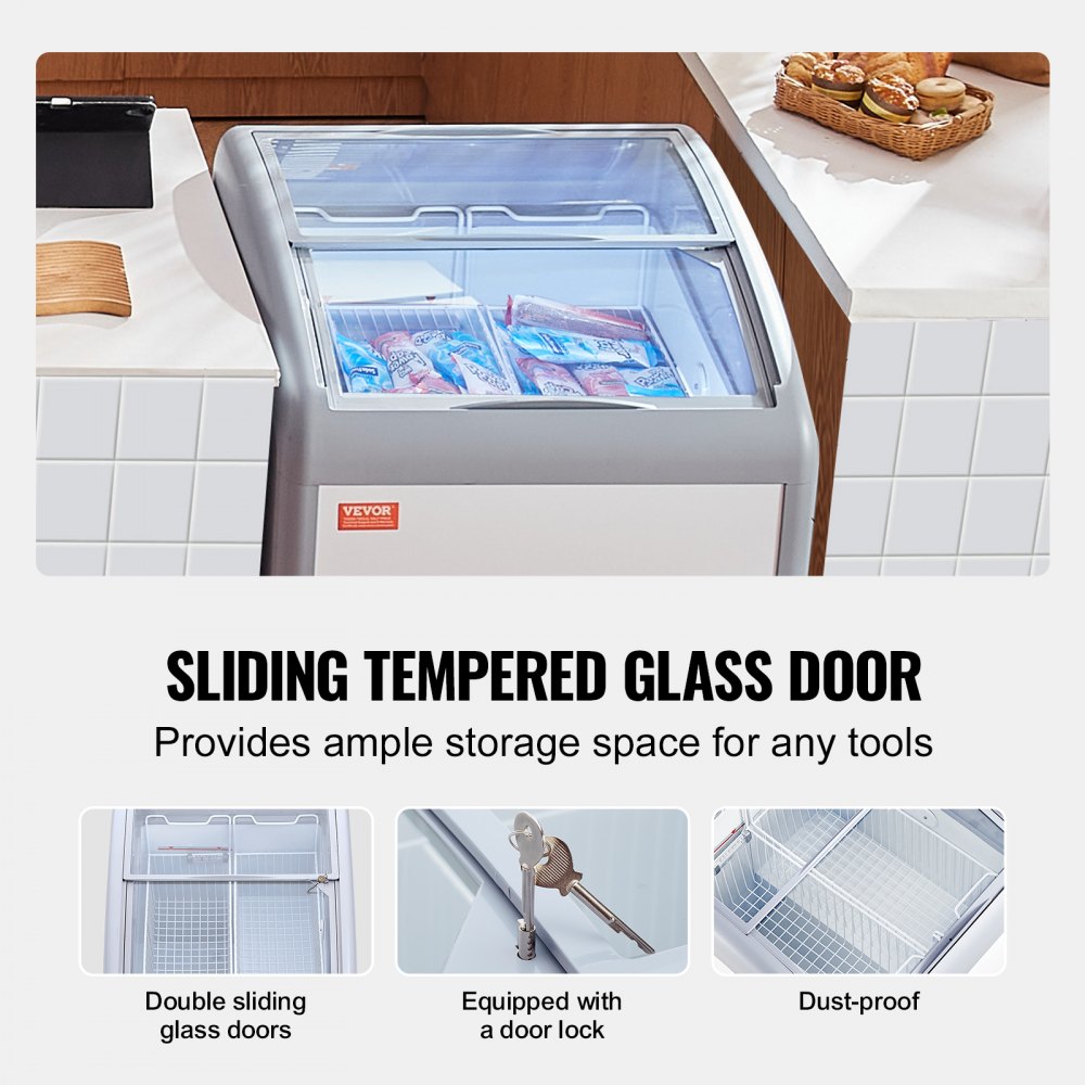 VEVOR Commercial Ice Cream Display Case, 154 L Chest Freezer, Mobile Glass Top Deep Freezer, Restaurant Gelato Dipping Cabinet with 2 Wire Baskets, 2 Sliding Glass Doors, Locking Casters, White