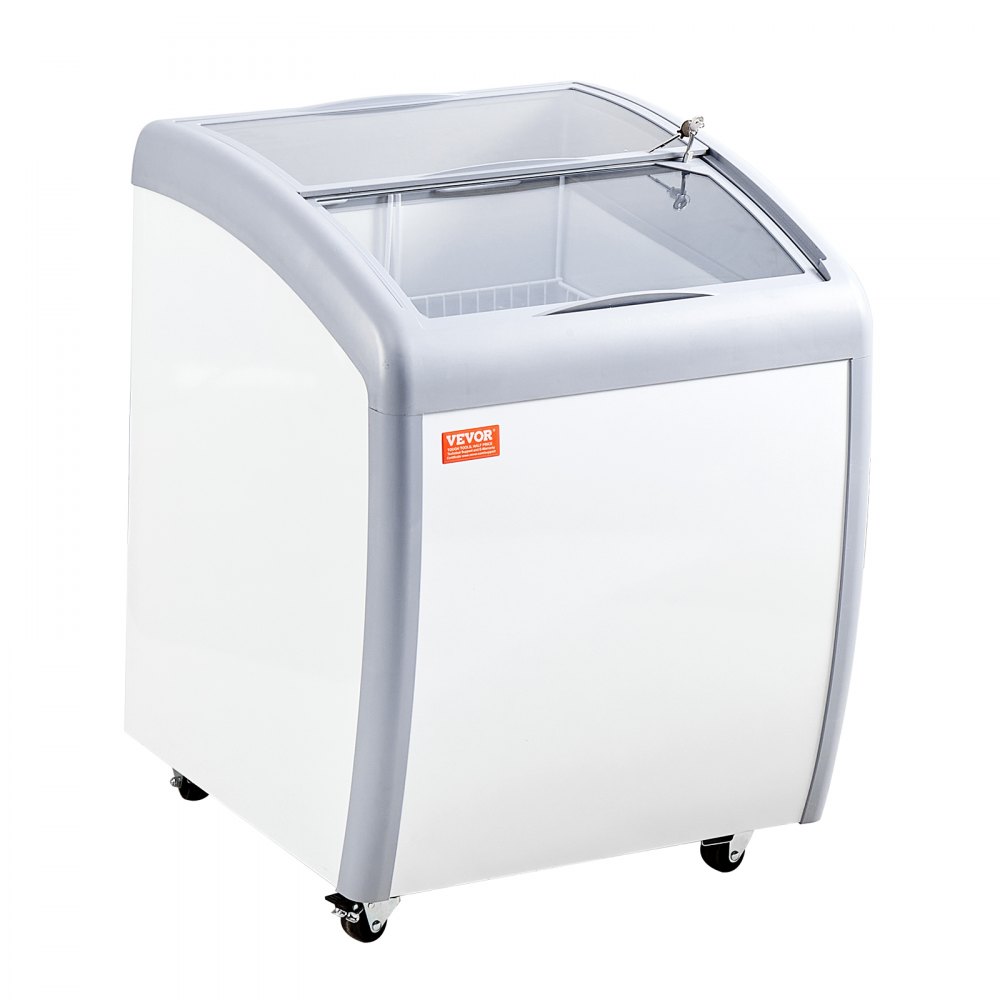VEVOR Commercial Ice Cream Display Case, 154 L Chest Freezer, Mobile Glass Top Deep Freezer, Restaurant Gelato Dipping Cabinet with 2 Wire Baskets, 2 Sliding Glass Doors, Locking Casters, White