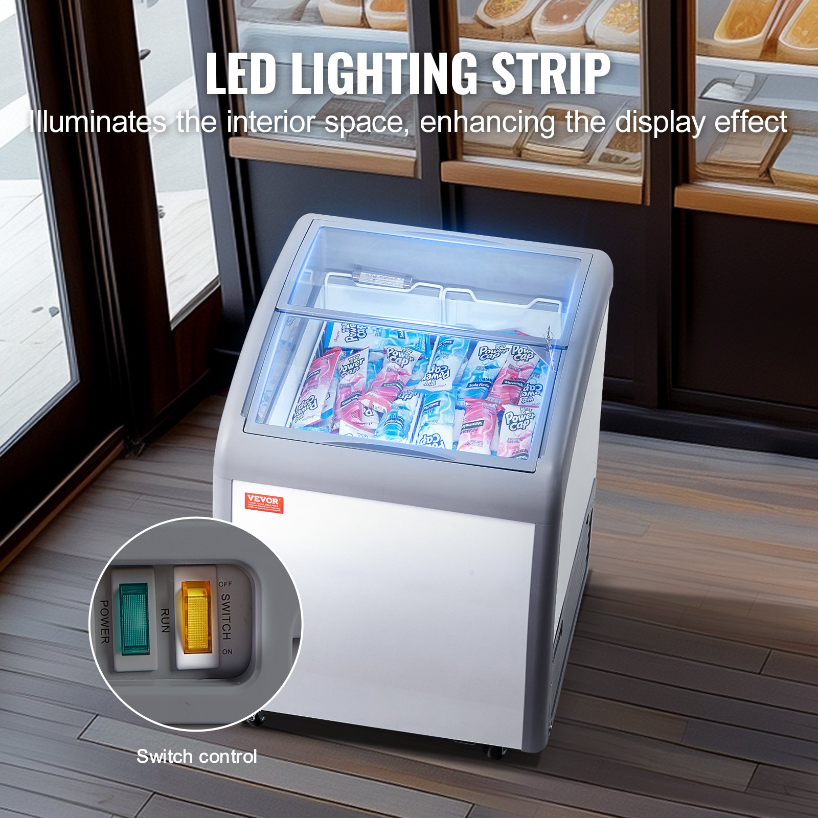 VEVOR Commerciële IJsvitrine, 154 liter vrieskist, mobiele vriezer met glazen bovenkant, ijskoelkast voor restaurants met 2 draadmanden, 2 schuifdeuren van glas, vergrendelbare wielen, wit