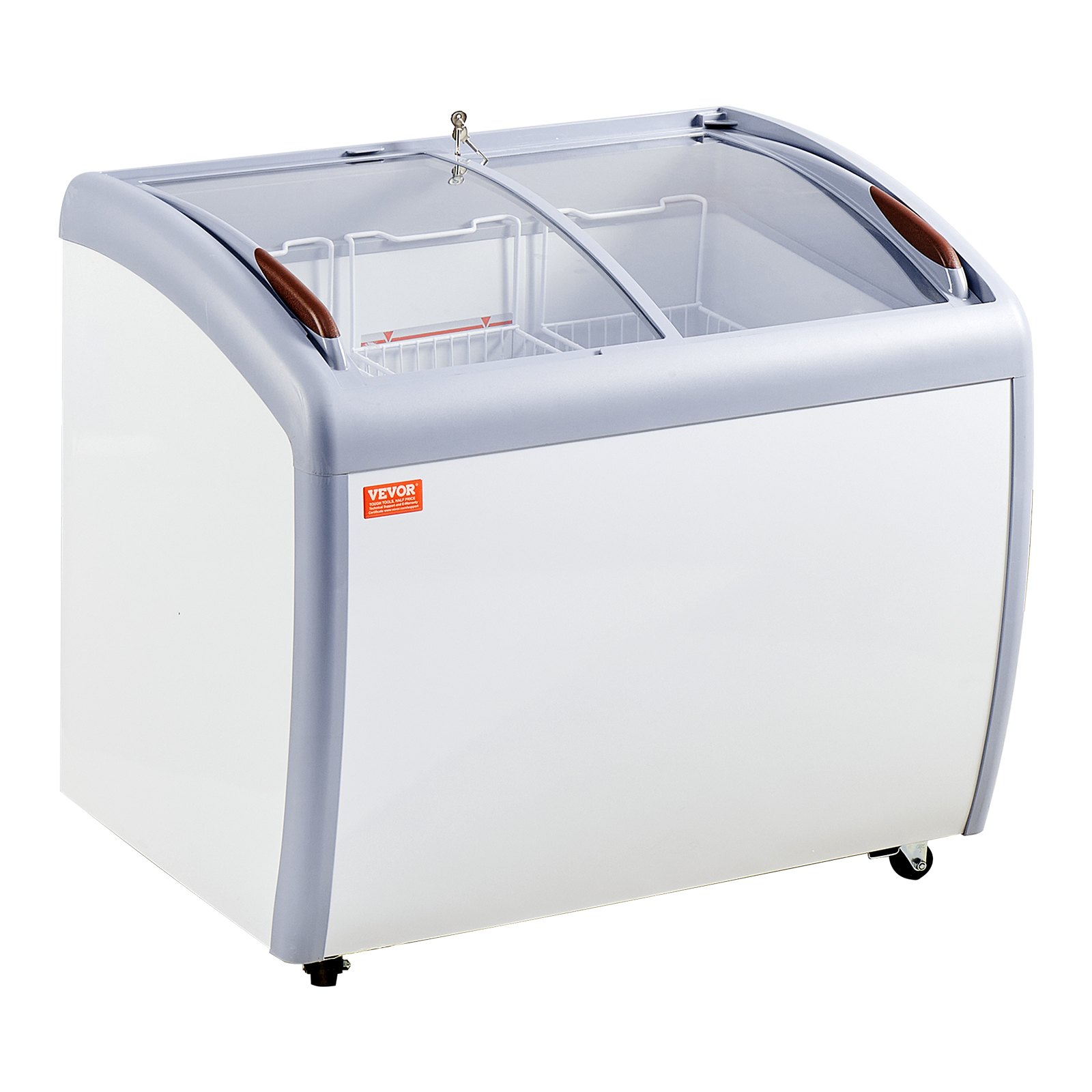 VEVOR Commerciële ijsvitrine, 264 liter vrieskist, mobiele vriezer met glazen schap, ijskoelkast voor restaurants met 3 draadmanden, 2 schuifdeuren van glas, vergrendelbare wielen, wit