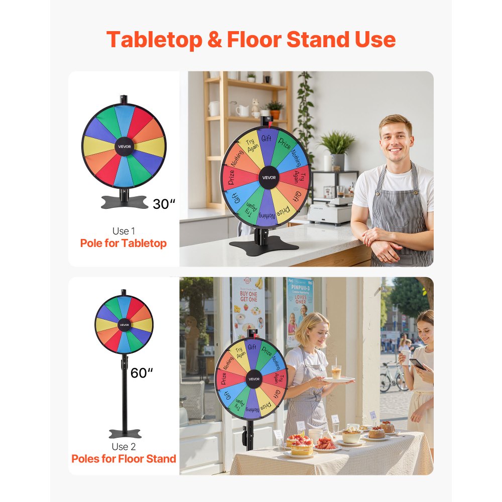 VEVOR 24-inch draaiwiel met 12 gleuven, standaard, afwasbaar oppervlak en 2 markers, in hoogte verstelbaar, roulette-draaiwiel, kansspel voor feesten, cafés, kermissen en festivals.