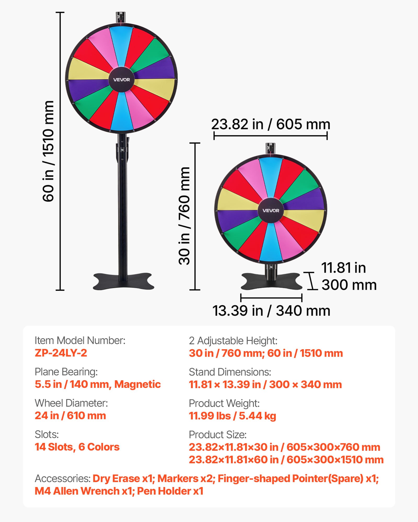 VEVOR Wheel of Fortune (61 cm) 14-vaks Wheel of Fortune met standaard, in hoogte verstelbaar, loterijspellen winnende roulette met schoolbordwisser en 2 stiften, 6 kleuren, ideaal voor feesten, pubs, beurzen