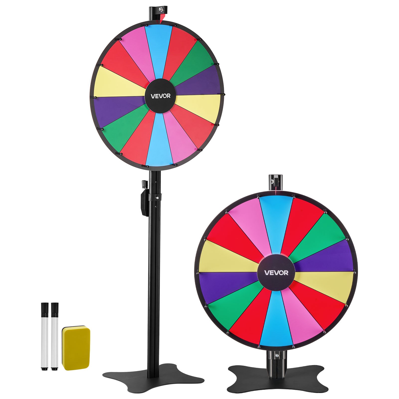 VEVOR Wheel of Fortune (61 cm) 14-vaks Wheel of Fortune met standaard, in hoogte verstelbaar, loterijspellen winnende roulette met schoolbordwisser en 2 stiften, 6 kleuren, ideaal voor feesten, pubs, beurzen
