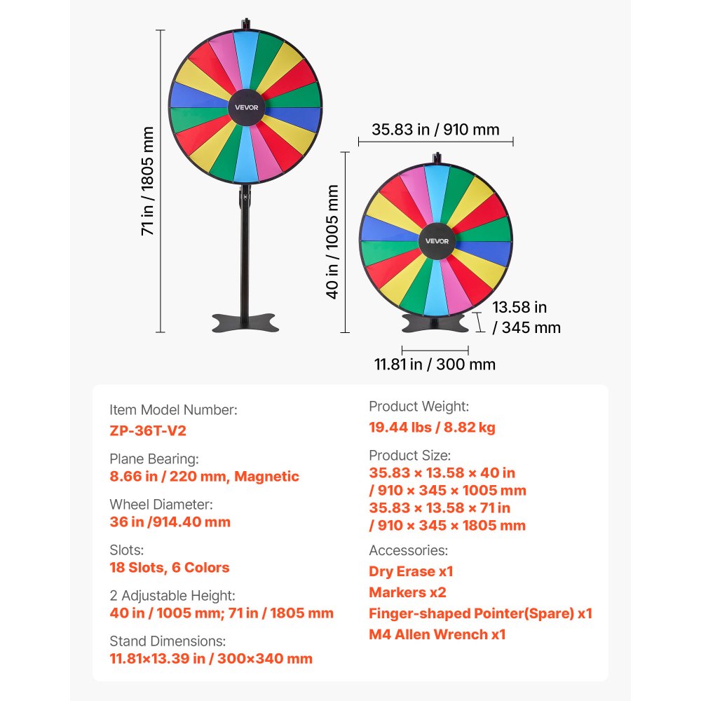 VEVOR 914 mm Spinning Prize Wheel, 18 Slots Spinning Wheel with Stand, Adjustable Height Win Fortune Roulette with a Dry Erase and 2 Markers, 6 Colors, Easy Assembly, for Party Pub Trade Show Carnival