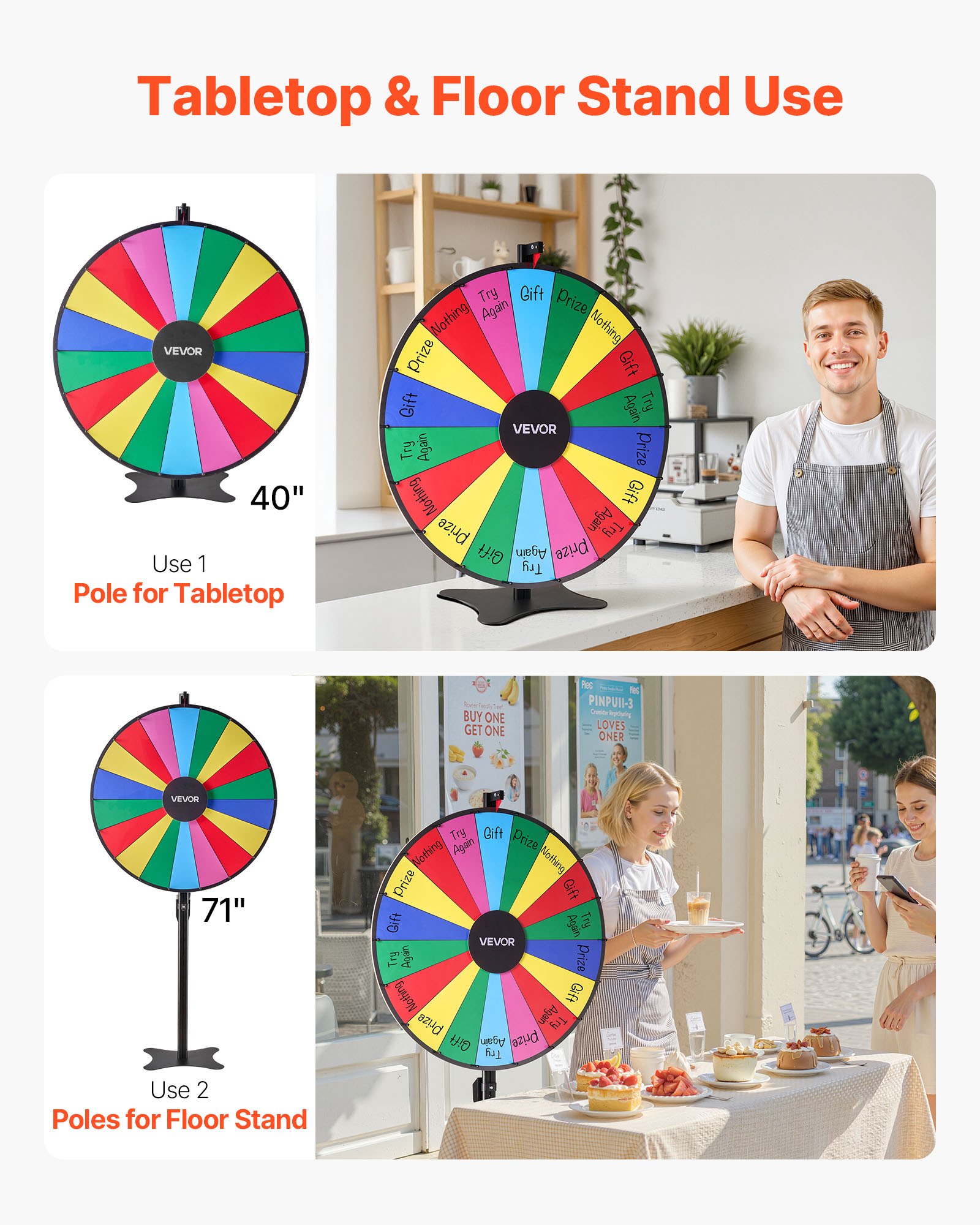 VEVOR 914 mm Spinning Prize Wheel, 18 Slots Spinning Wheel with Stand, Adjustable Height Win Fortune Roulette with a Dry Erase and 2 Markers, 6 Colors, Easy Assembly, for Party Pub Trade Show Carnival
