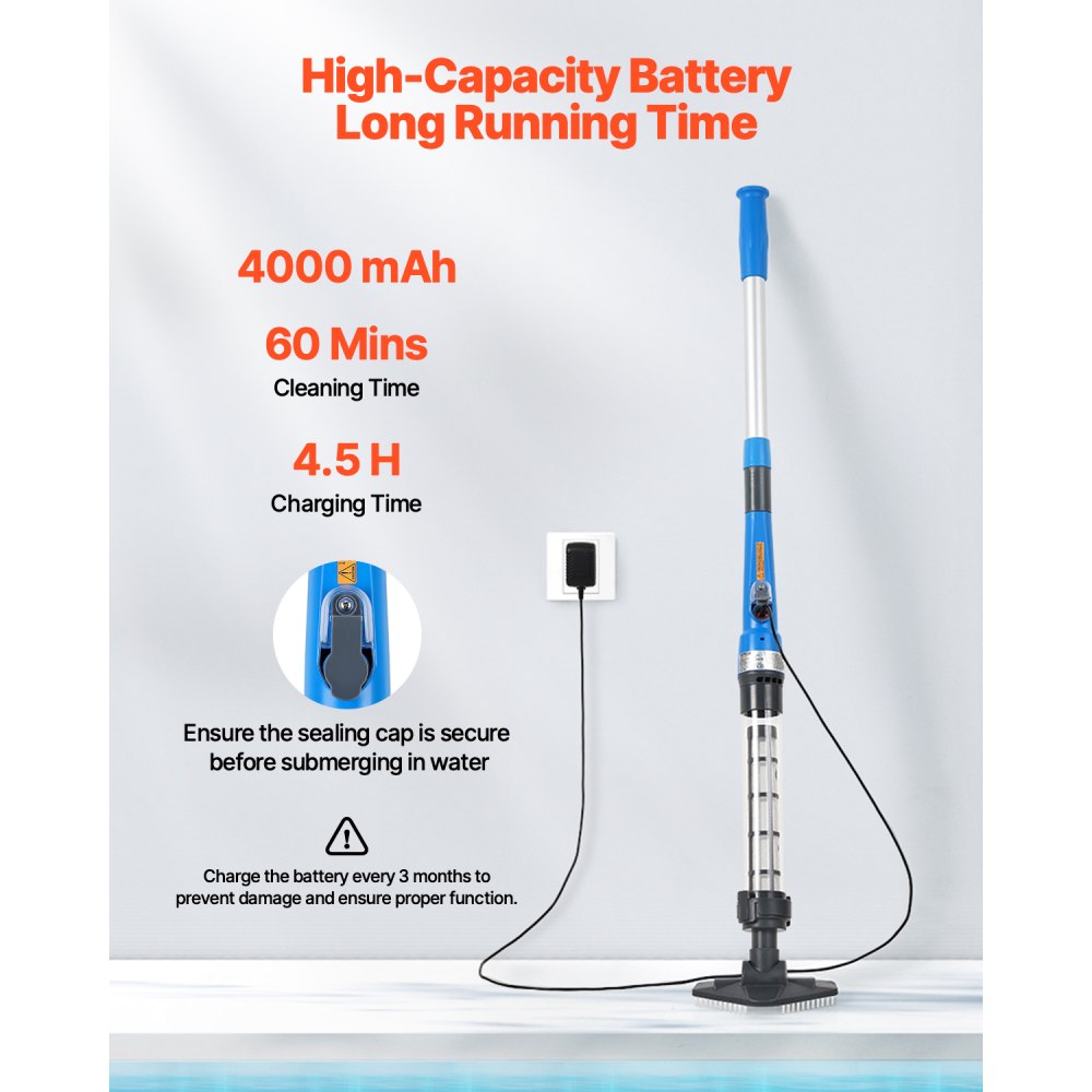 VEVOR Pool Vacuum, 8.5 GPM Handheld Cordless Hot Tub Vacuum with Extension Pole, for Deep Cleaning & Strong Suction, Rechargeable Pool Cleaner, Running up to 1Hour, for Above Ground/Inground Pool Spas