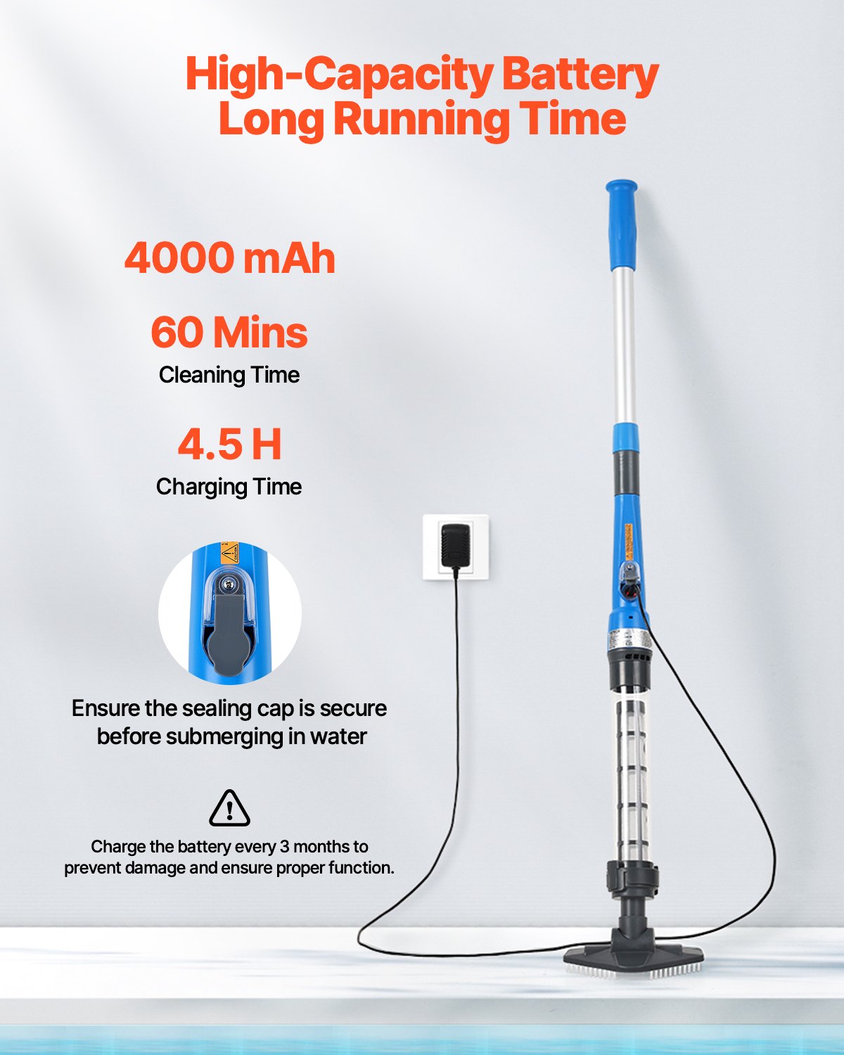 VEVOR Pool Vacuum, 8.5 GPM Handheld Cordless Hot Tub Vacuum with Extension Pole, for Deep Cleaning & Strong Suction, Rechargeable Pool Cleaner, Running up to 1Hour, for Above Ground/Inground Pool Spas