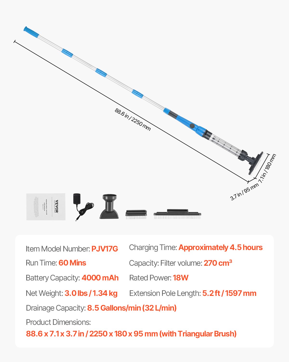 VEVOR Pool Vacuum, 8.5 GPM Handheld Cordless Hot Tub Vacuum with Extension Pole, for Deep Cleaning & Strong Suction, Rechargeable Pool Cleaner, Running up to 1Hour, for Above Ground/Inground Pool Spas