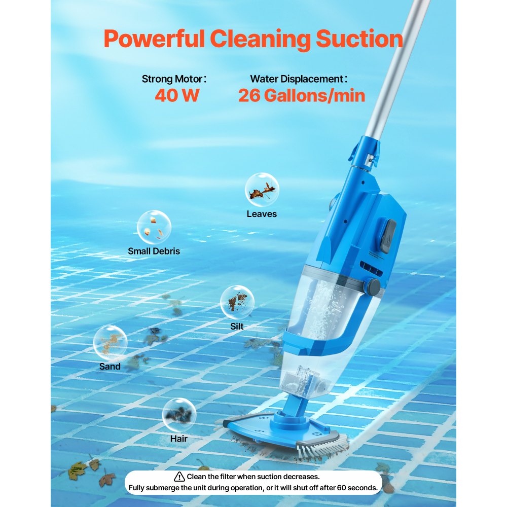 VEVOR Pool Vacuum, 26 GPM Handheld Cordless Hot Tub Vacuum with Extension Pole, for Deep Cleaning & Strong Suction, Rechargeable Pool Cleaner, Running up to 1Hour, for Above Ground/Inground Pool Spas