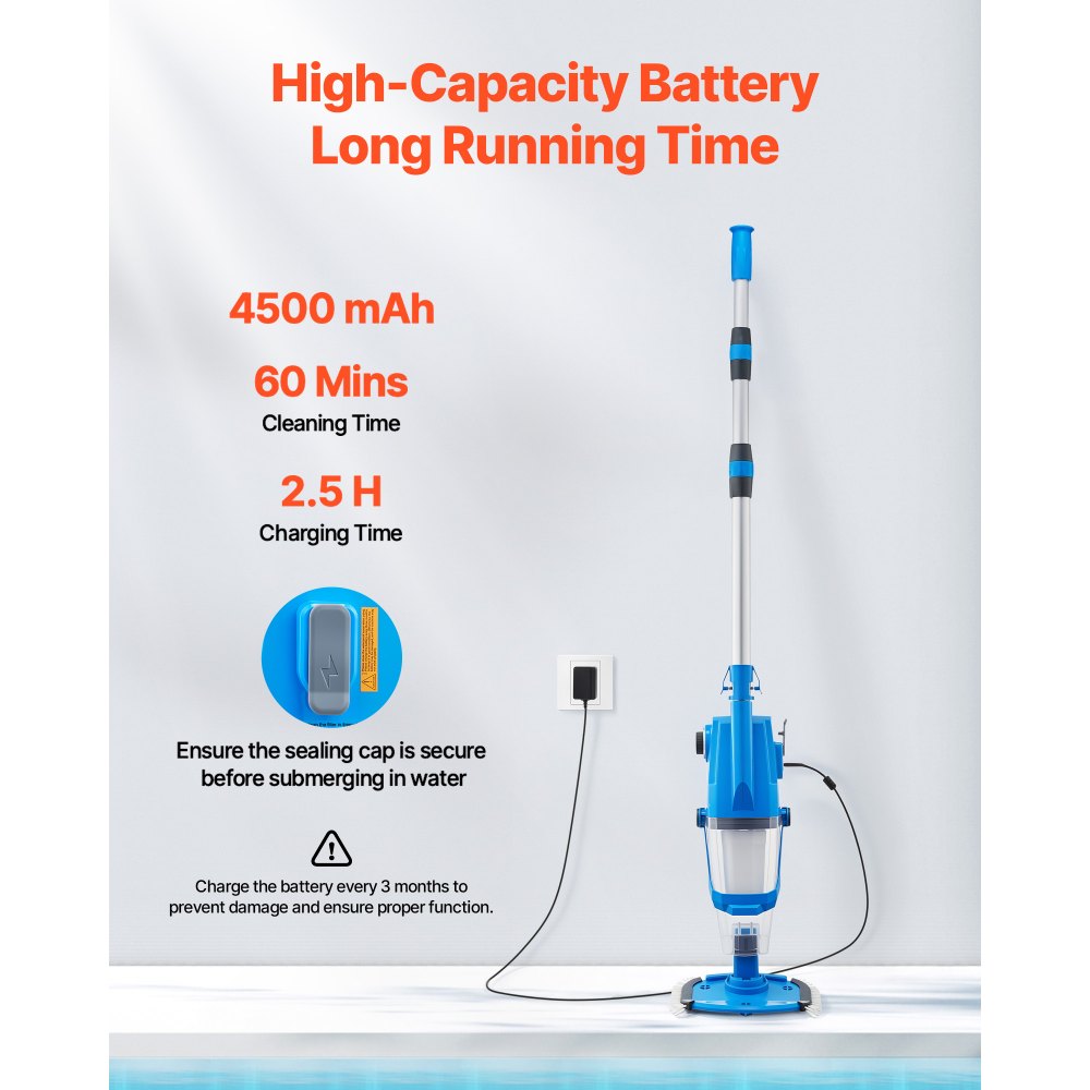 VEVOR Pool Vacuum, 26 GPM Handheld Cordless Hot Tub Vacuum with Extension Pole, for Deep Cleaning & Strong Suction, Rechargeable Pool Cleaner, Running up to 1Hour, for Above Ground/Inground Pool Spas