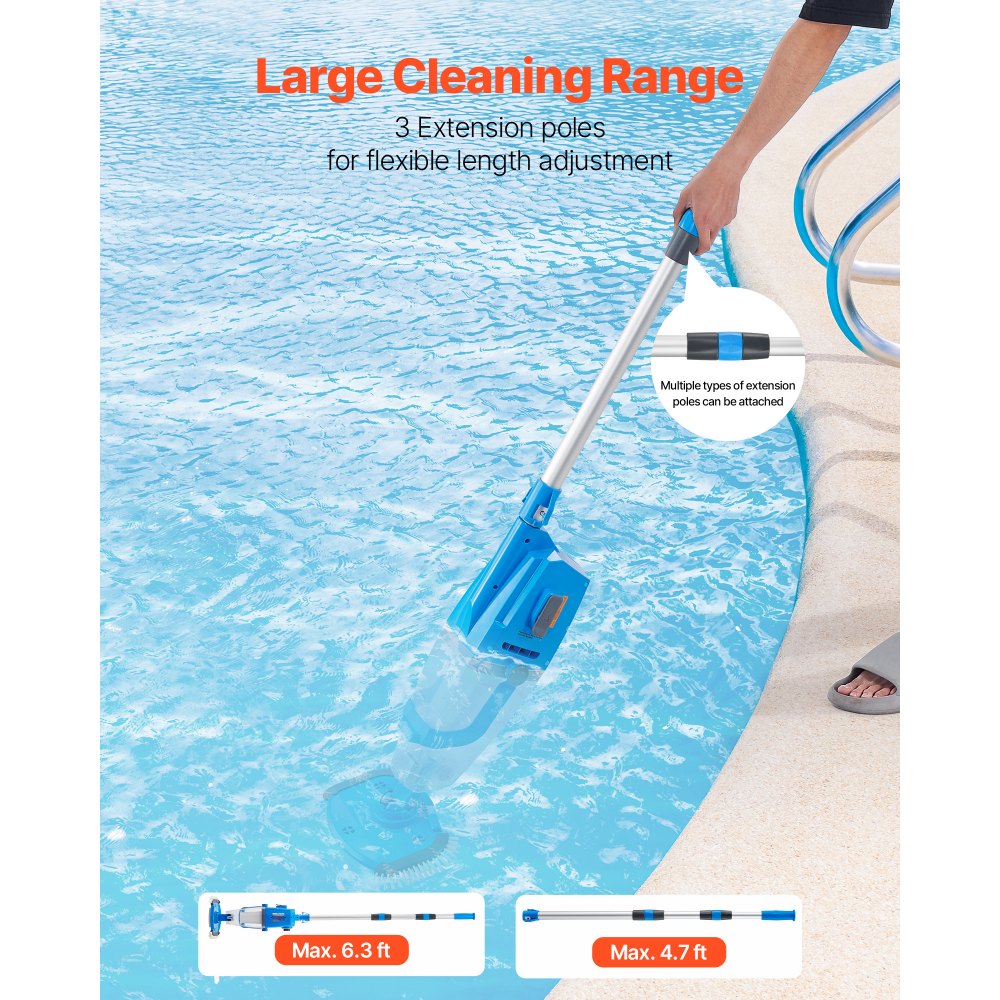 VEVOR Pool Vacuum, 26 GPM Handheld Cordless Hot Tub Vacuum with Extension Pole, for Deep Cleaning & Strong Suction, Rechargeable Pool Cleaner, Running up to 1Hour, for Above Ground/Inground Pool Spas