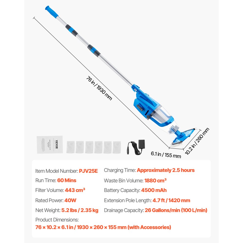VEVOR Pool Vacuum, 26 GPM Handheld Cordless Hot Tub Vacuum with Extension Pole, for Deep Cleaning & Strong Suction, Rechargeable Pool Cleaner, Running up to 1Hour, for Above Ground/Inground Pool Spas