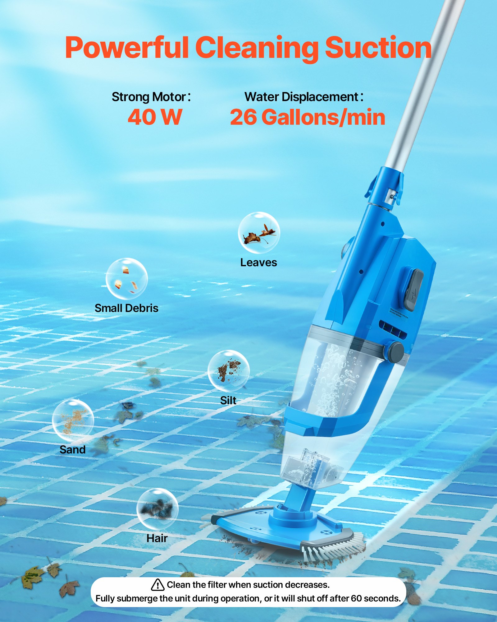 VEVOR Pool Vacuum, 26 GPM Handheld Cordless Hot Tub Vacuum with Extension Pole, for Deep Cleaning & Strong Suction, Rechargeable Pool Cleaner, Running up to 1Hour, for Above Ground/Inground Pool Spas