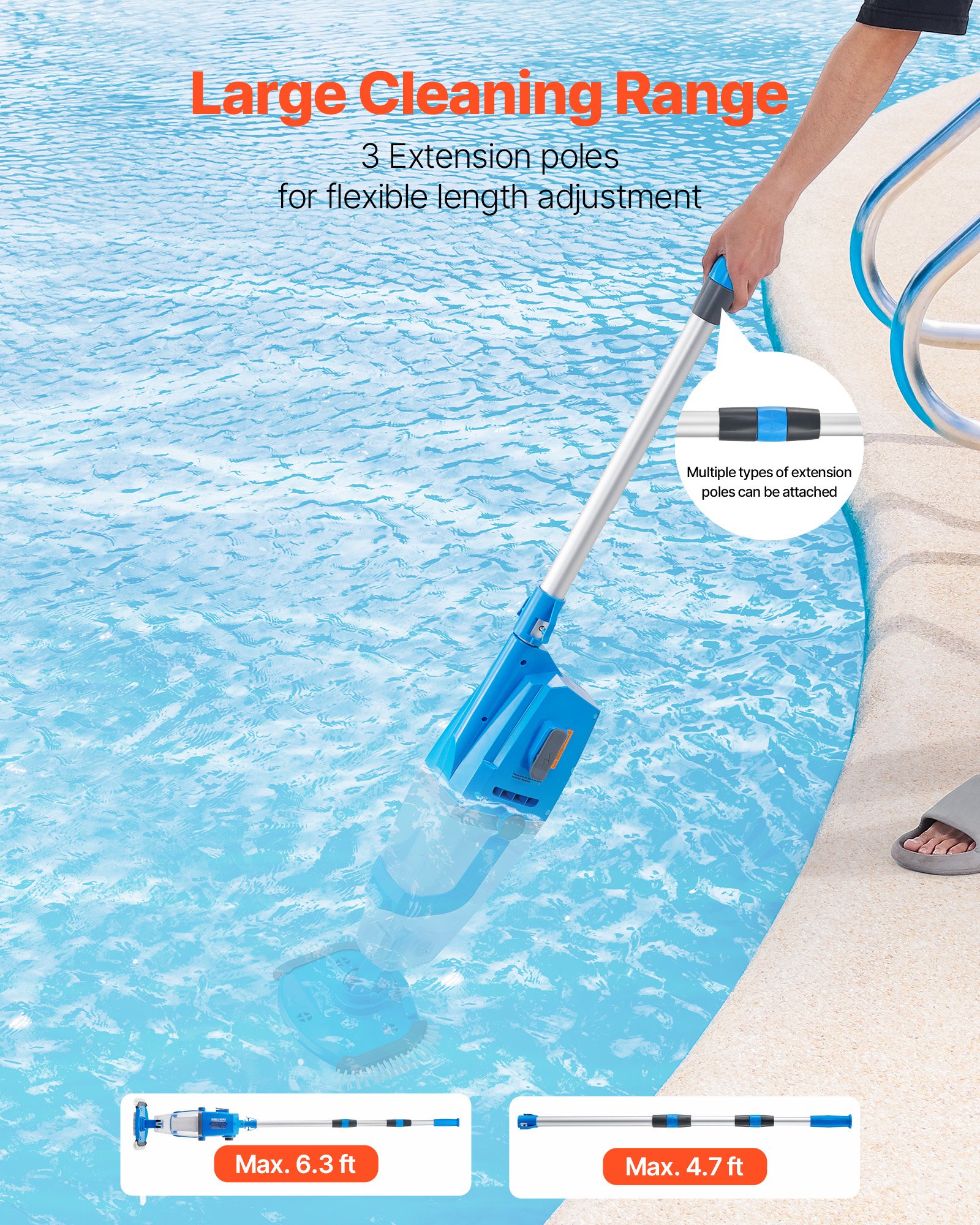 VEVOR Pool Vacuum, 26 GPM Handheld Cordless Hot Tub Vacuum with Extension Pole, for Deep Cleaning & Strong Suction, Rechargeable Pool Cleaner, Running up to 1Hour, for Above Ground/Inground Pool Spas
