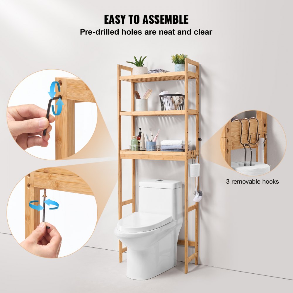 VEVOR Over the Toilet Storage, 3-Tier Adjustable Over Toilet Bathroom Organizer, Bamboo Storage Shelf Rack with 3 Hooks, Freestanding Easy Assembly Laundry Space Saver, Fit Most Toilets