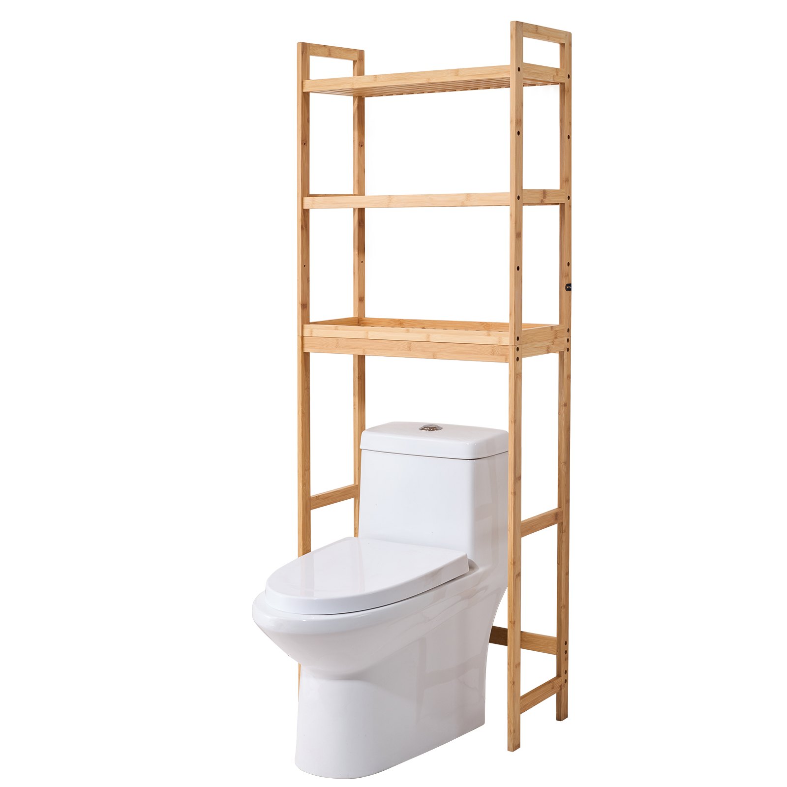 VEVOR Over the Toilet Storage, 3-Tier Adjustable Over Toilet Bathroom Organizer, Bamboo Storage Shelf Rack with 3 Hooks, Freestanding Easy Assembly Laundry Space Saver, Fit Most Toilets