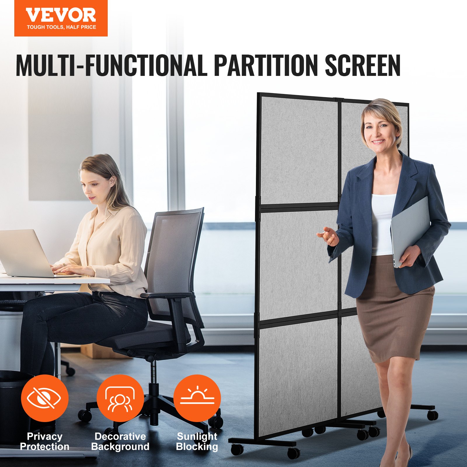 VEVOR Room Divider Scheidingswand Geluidsdicht Dubbel Paneel, Draagbare Kantoorscheidingswand met Polyester en Stalen Kubuswand, Room Divider (171 x 39 x 186 cm), Grijs