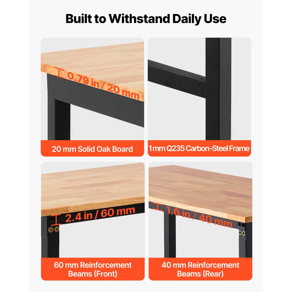 VEVOR Adjustable Workbench, 680 kg Capacity, 122 x 60 cm Oak Wood Top Workbench with 67-102 cm Height Adjustment, Heavy-Duty Hardwood Worktable for Garage, Workshop, Home, Office, Commercial