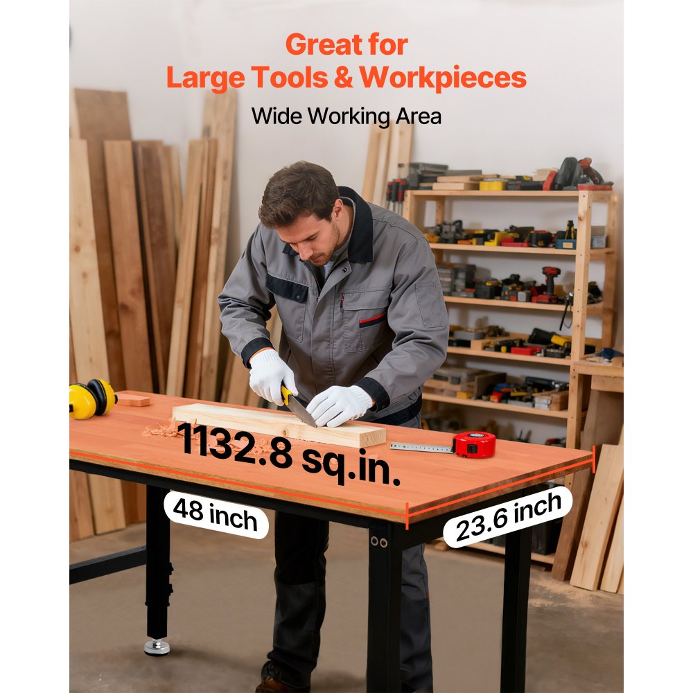 VEVOR Adjustable Workbench, 680 kg Capacity, 122 x 60 cm Oak Wood Top Workbench with 67-102 cm Height Adjustment, Heavy-Duty Hardwood Worktable for Garage, Workshop, Home, Office, Commercial