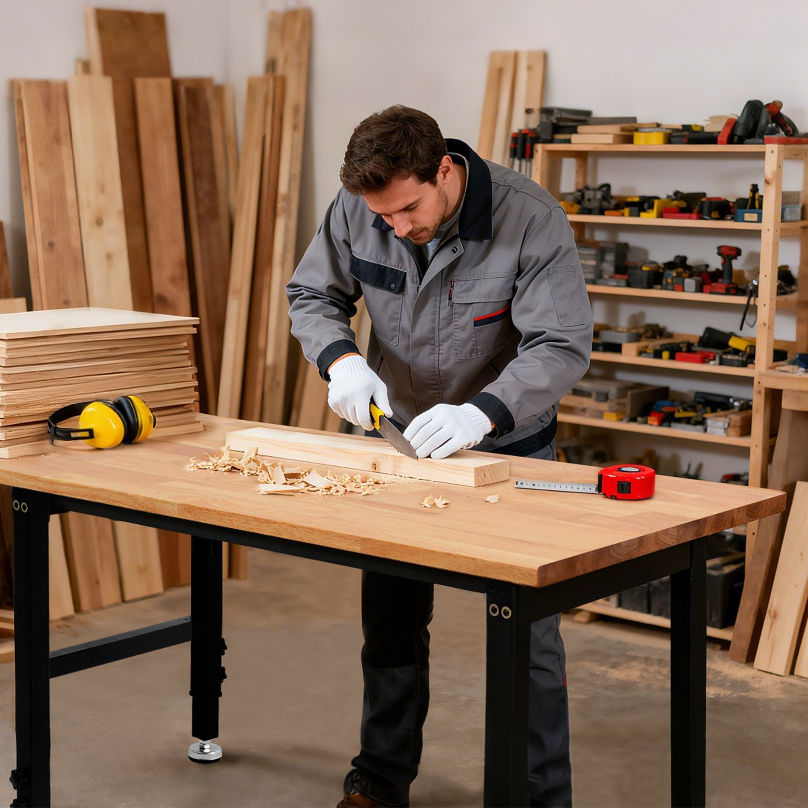 VEVOR Adjustable Workbench, 680 kg Capacity, 122 x 60 cm Oak Wood Top Workbench with 67-102 cm Height Adjustment, Heavy-Duty Hardwood Worktable for Garage, Workshop, Home, Office, Commercial