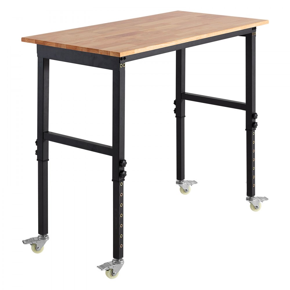 VEVOR Adjustable Workbench on Wheels, 680 kg Capacity, 122 x 60 cm Oak Wood Top Workbench with 72.5-107.5 Height Adjustment, Heavy-Duty Hardwood Worktable for Garage, Workshop, Home, Office