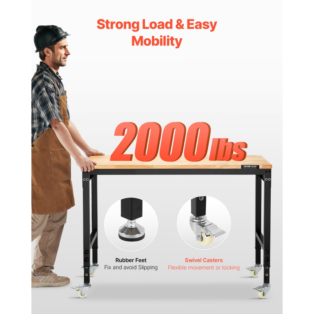 VEVOR Werkbank 1220x610x711-1003mm, 907 Draagvermogen, Werkbank met Stopcontact, Wielen en Pegboard, Robuuste Werktafel met Eikenhouten Blad voor Garage, Werkplaats, Kantoor en Thuis