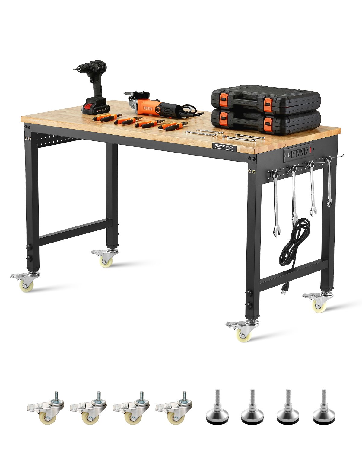 VEVOR 48-Inch Adjustable Workbench, 2000 lbs Load, Work Bench with Power Outlet, Wheels, and Pegboard, Heavy Duty Oak Wood Top Work Table for Garage, Workshop, Office, and Home