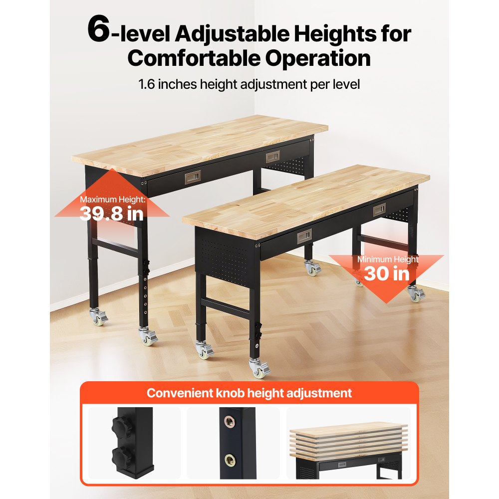 VEVOR 1524 mm Adjustable Workbench, 680 kg Load Capacity, Garage Workbench with Drawer, Power Outlet, Wheels, and Pegboard, Heavy Duty Oak Wood Top Work Table for Garage, Workshop, Office, and Home