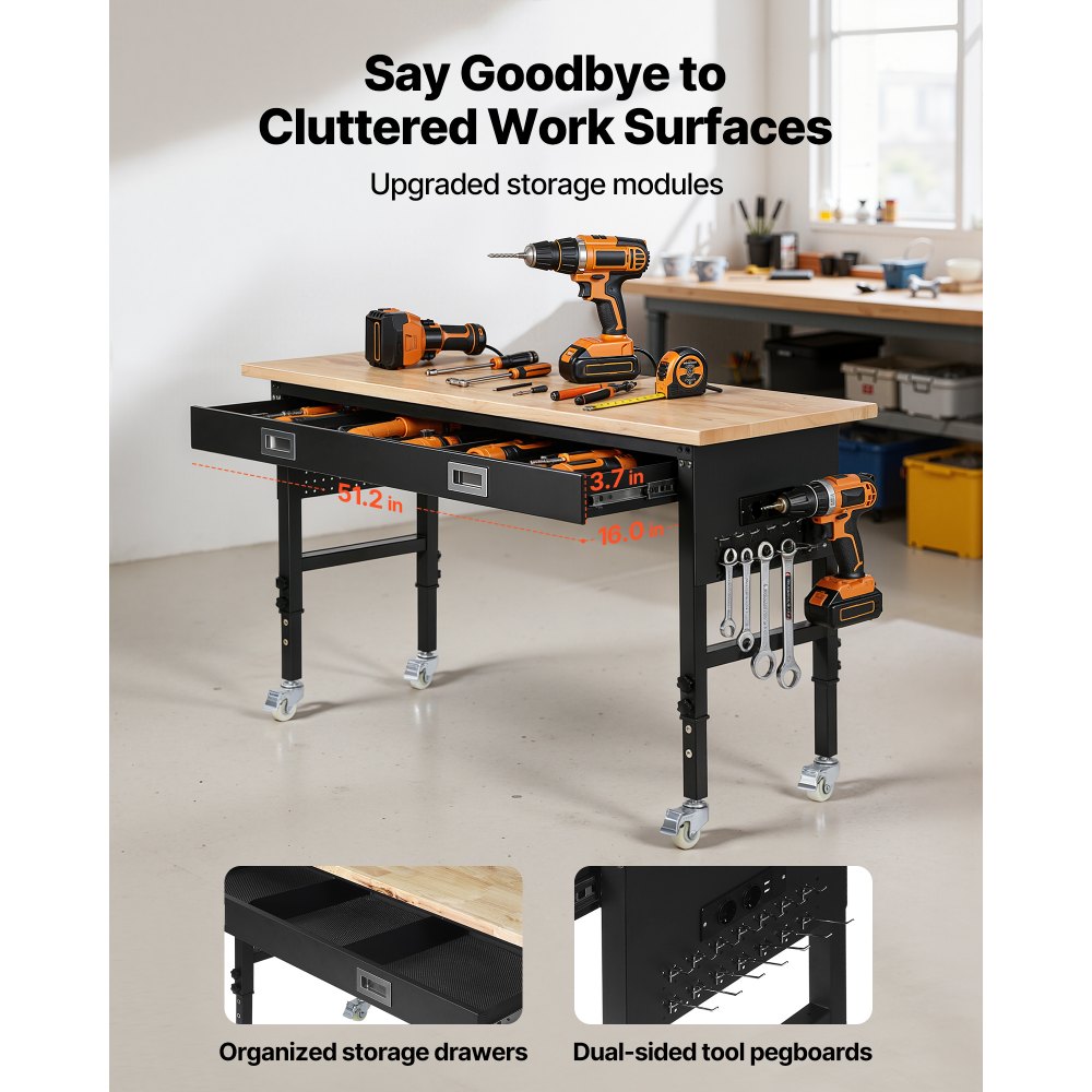 VEVOR 1524 mm Adjustable Workbench, 680 kg Load Capacity, Garage Workbench with Drawer, Power Outlet, Wheels, and Pegboard, Heavy Duty Oak Wood Top Work Table for Garage, Workshop, Office, and Home