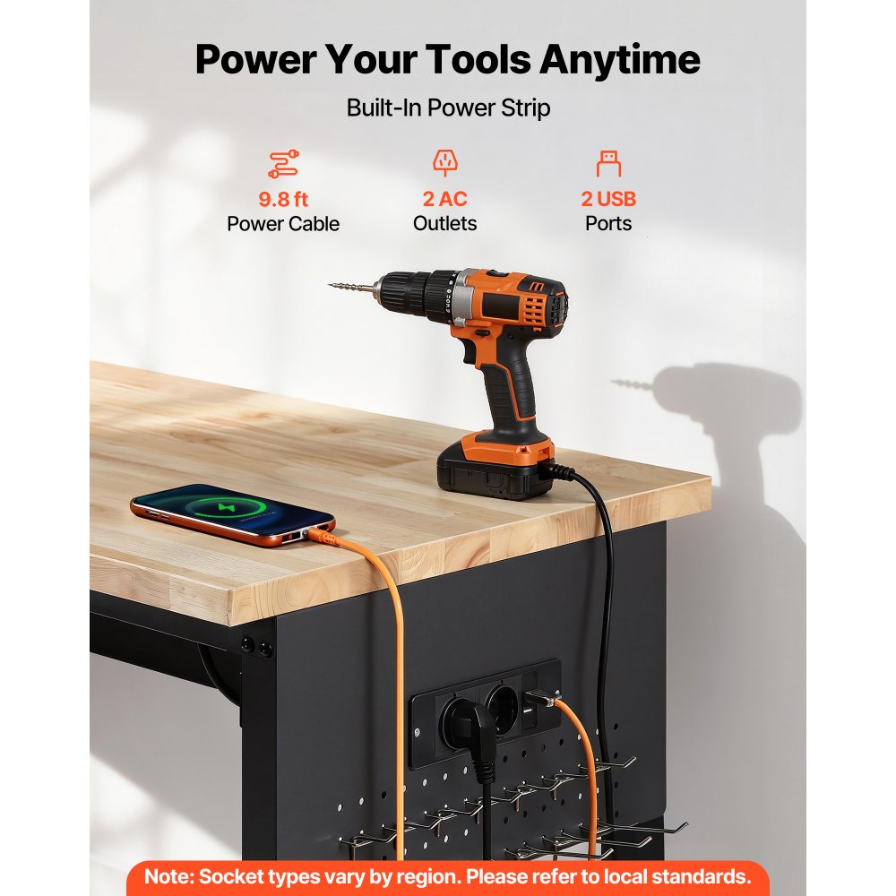 VEVOR 1524 mm Adjustable Workbench, 680 kg Load Capacity, Garage Workbench with Drawer, Power Outlet, Wheels, and Pegboard, Heavy Duty Oak Wood Top Work Table for Garage, Workshop, Office, and Home