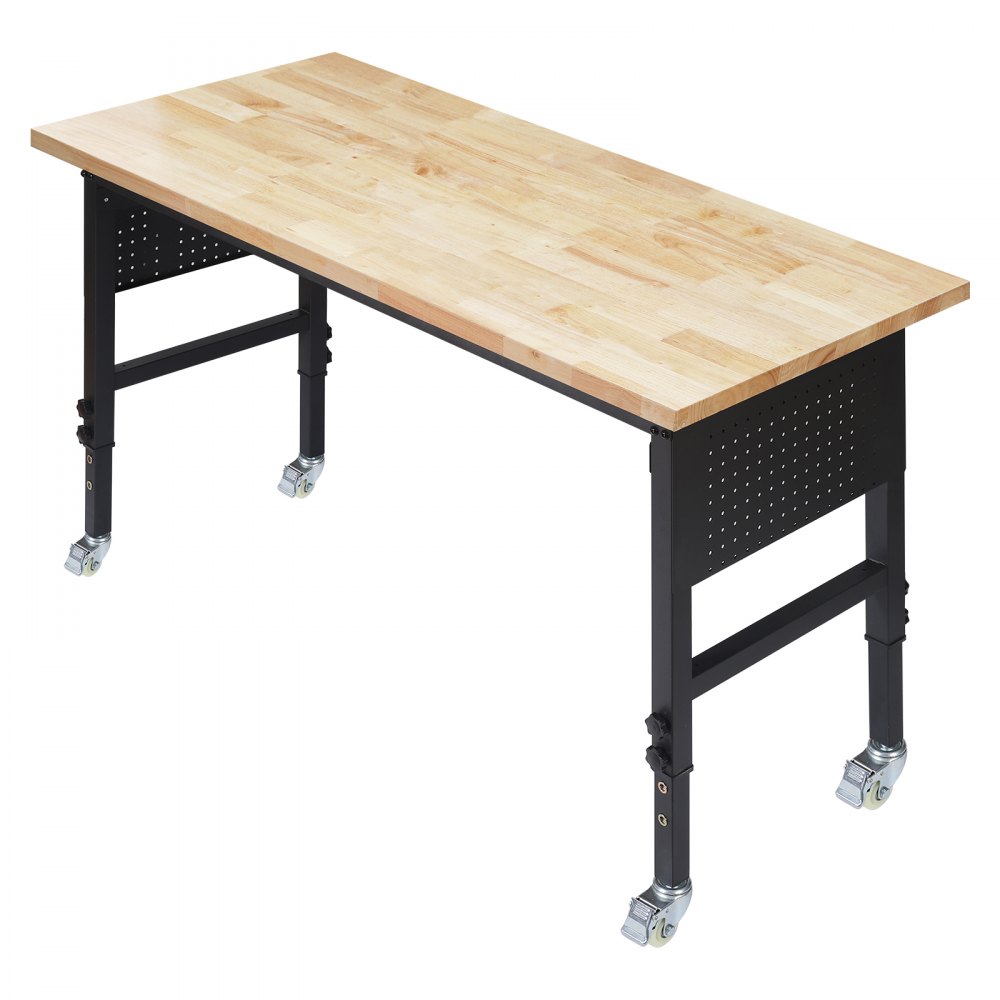VEVOR 1524 mm Adjustable Workbench, 680 kg Load Capacity, Garage Workbench with Drawer, Power Outlet, Wheels, and Pegboard, Heavy Duty Oak Wood Top Work Table for Garage, Workshop, Office, and Home