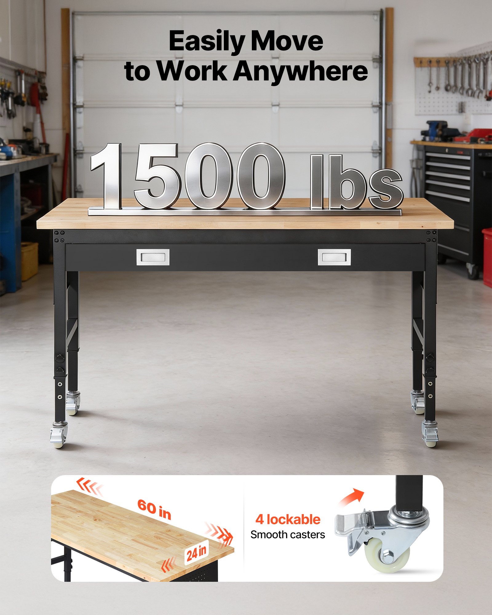 VEVOR 1524 mm Adjustable Workbench, 680 kg Load Capacity, Garage Workbench with Drawer, Power Outlet, Wheels, and Pegboard, Heavy Duty Oak Wood Top Work Table for Garage, Workshop, Office, and Home