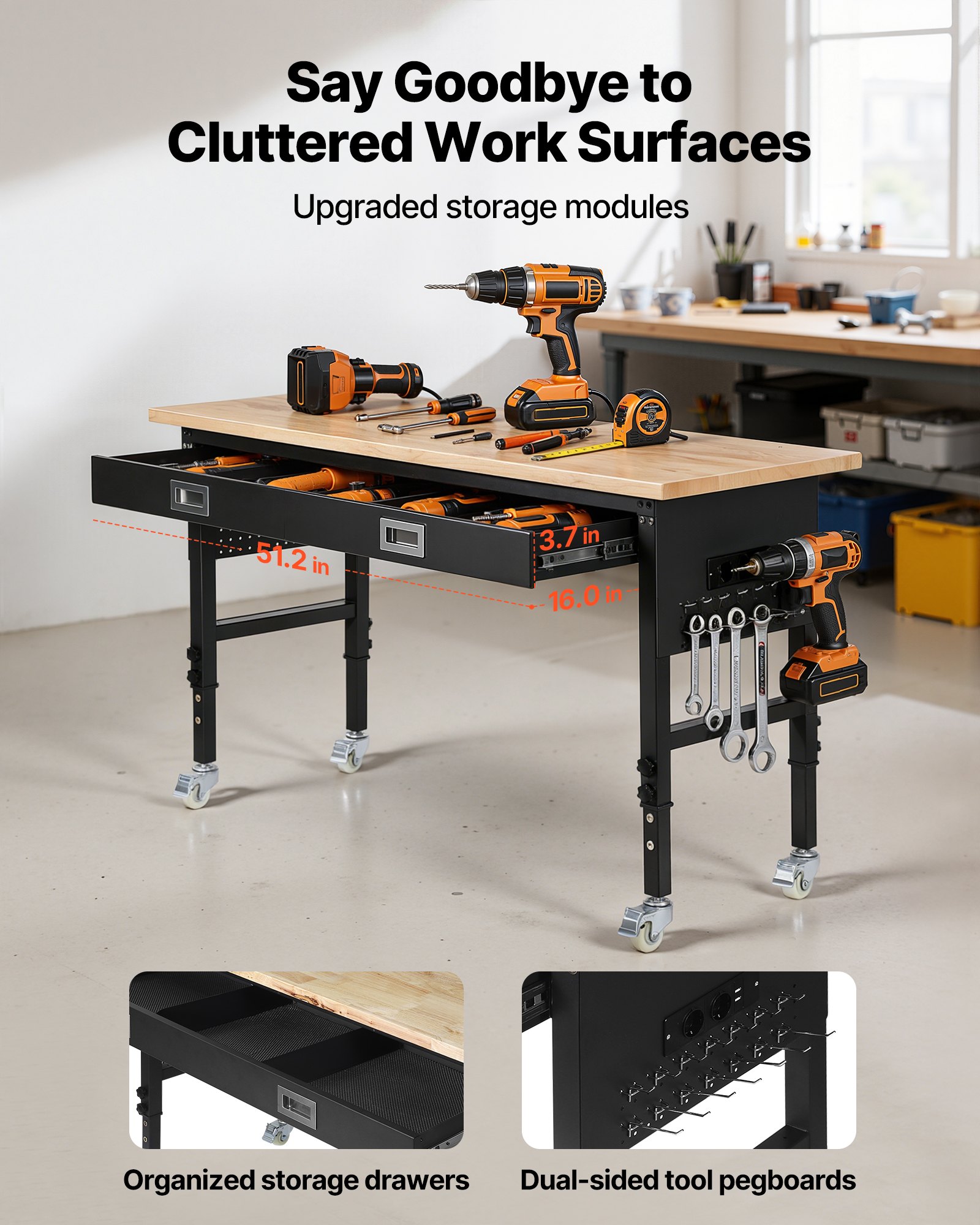 VEVOR 1524 mm Adjustable Workbench, 680 kg Load Capacity, Garage Workbench with Drawer, Power Outlet, Wheels, and Pegboard, Heavy Duty Oak Wood Top Work Table for Garage, Workshop, Office, and Home