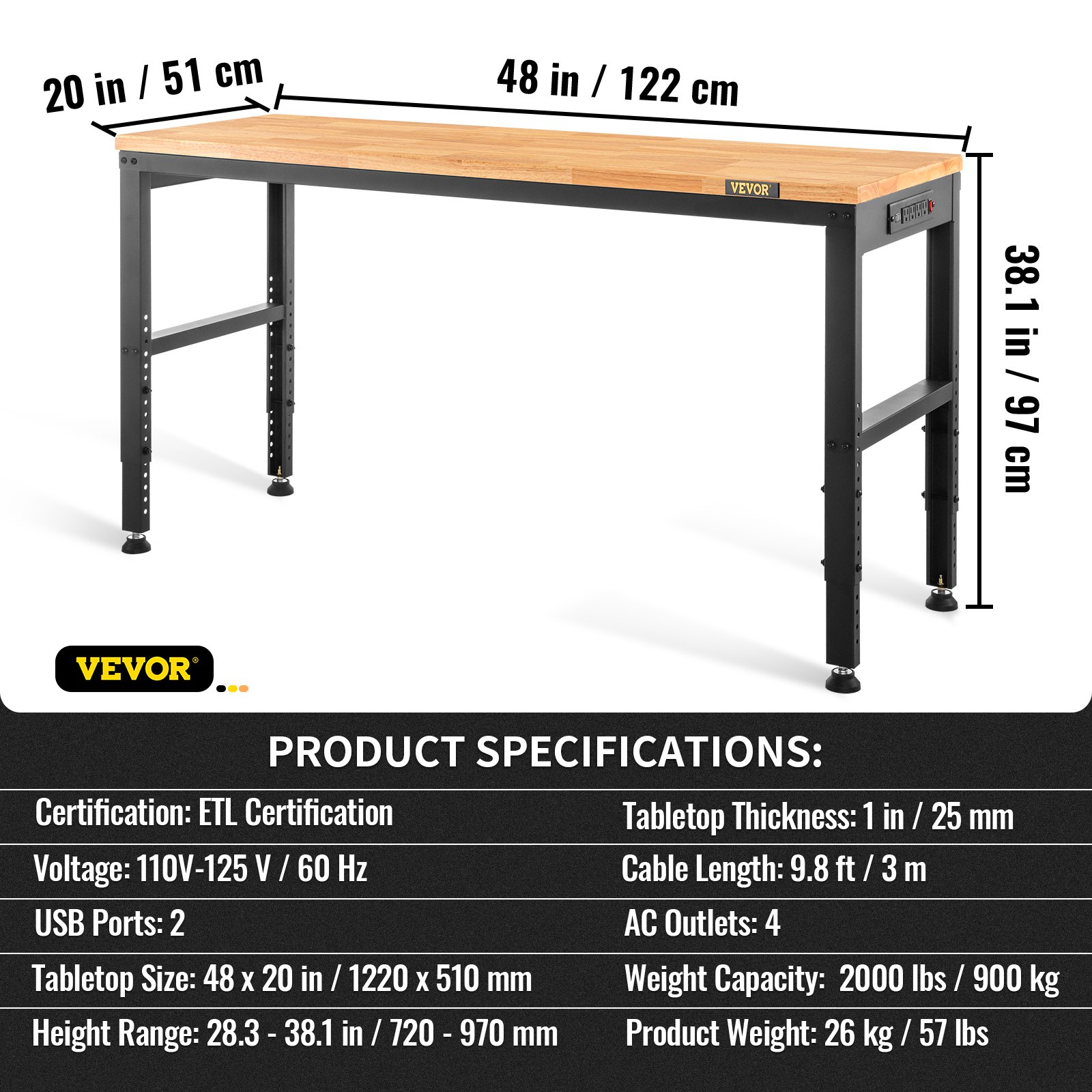 VEVOR Verstelbare Werkbank, 122 cm L x 51 cm B x 97 cm H Garagetafel met 71-97 cm Hoogte en 914 kg Draagvermogen, met Stopcontacten en Hardhouten Blad en Metalen Frame en Voetkussentjes, voor Kantoor, Thuis, Garage