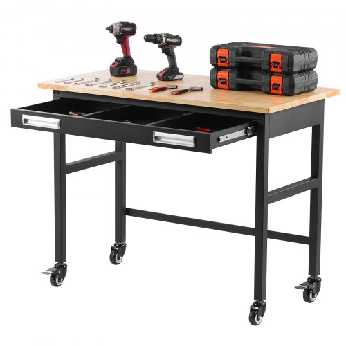 VEVOR 48" werkbank, draagvermogen van 1500 lbs, werkbank met uitschuifbare lades en wielen, verrijdbare werkbank op wielen, stevige werktafel met eikenhouten blad voor garage, werkplaats, kantoor en thuis