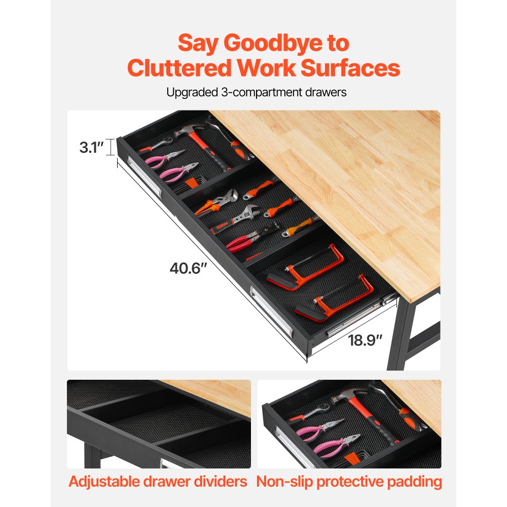 VEVOR 48-inch Workbench, 1500 lbs Load Capacity, Garage Workbench with Drawer Storage & Wheels, Workshop Bench on Wheels, Heavy Duty Oak Wood Top Work Table for Garage, Workshop, Office, and Home