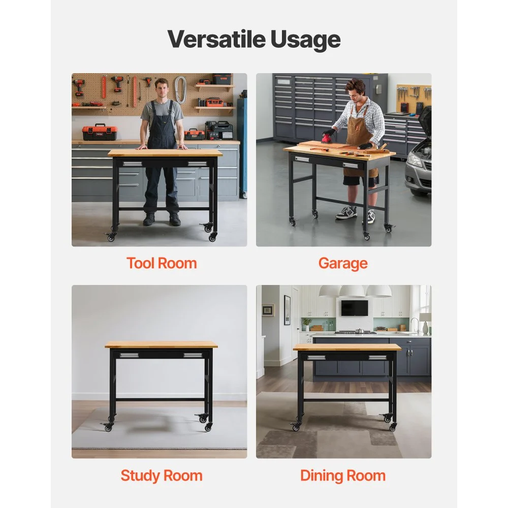 VEVOR 48" werkbank, draagvermogen van 1500 lbs, werkbank met uitschuifbare lades en wielen, verrijdbare werkbank op wielen, stevige werktafel met eikenhouten blad voor garage, werkplaats, kantoor en thuis